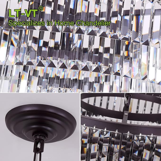 31" Black Crystal Chandelier, Modern 6-Tier Ceiling Light with Clear Crystal Prisms, Luxury Pendant Lighting for Dining Room Entryway