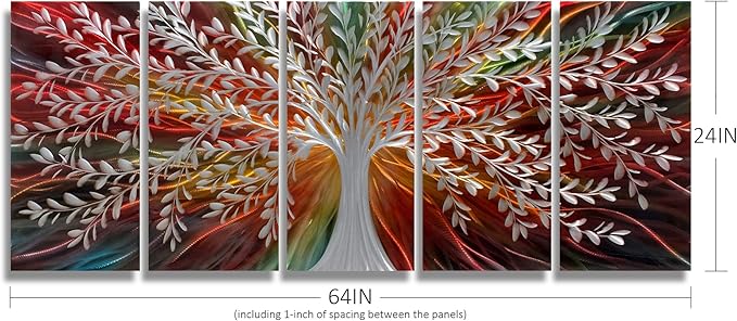 BATRENDY ARTS Silver Willow Metal Tree Wall Art for Livingroom Modern Abstract Colorful Artwork Brown and Red Landscape Home Decor Multi-panels 3D
