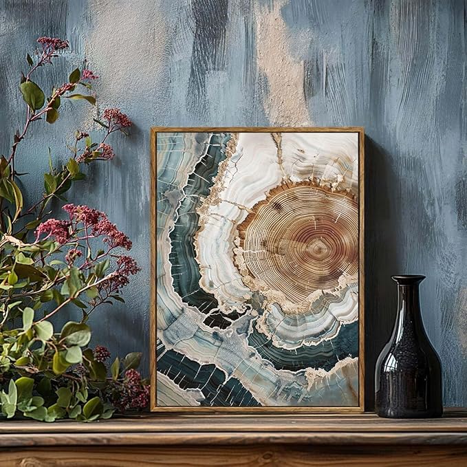BingruiArt Framed Tree Ring Canvas Wall Art Abstract Wood Wall Decor Boho Modern Colorful Nature Painting Wood Stump Prints Pictures for Living Room Bedroom Bathroom Office 12"x16" Natural Framed(06)
