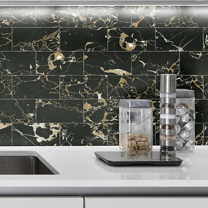 64-Pack Peel and Stick Backsplash Marble Wall Tiles, Waterproof 4" x 8" Glossy Imitation Black Gold Marble, PVC Shower Wall Panels for Interior Wall Decor; Tile for Kitchen, Bathroom, and Fireplace