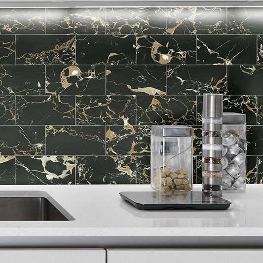 64-Pack Peel and Stick Backsplash Marble Wall Tiles, Waterproof 4" x 8" Glossy Imitation Black Gold Marble, PVC Shower Wall Panels for Interior Wall Decor; Tile for Kitchen, Bathroom, and Fireplace