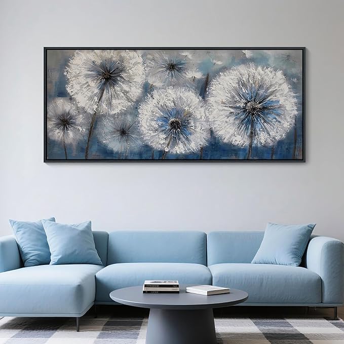 Blue Dandelion Canvas Wall Art Print Picture for Living Room Large White Flower Flora Home Bedroom Decoration Modern Framed Artwork Decor Living Room Pictures Sofa Paintings