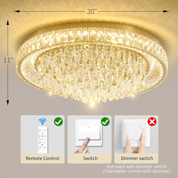 30" Ceiling Crystal Chandeliers: K9 Crystals 3 Color Temperature Led Light Dimmable with Remote - Modern Gold Chandelier Crystal Flush Mount Ceiling Lights for Dining Room Living Room Bedroom Entryway