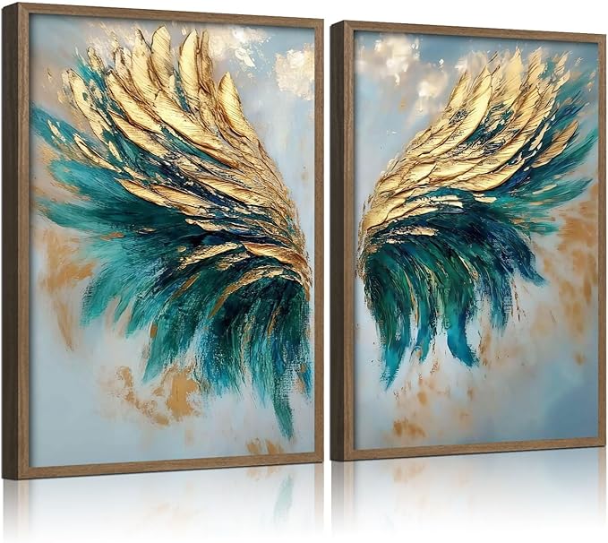 2pcs Wood Framed Green Abstract Canvas Wall Art - Abstract Angel Wings Artwork - Modern Gold Blue Wings Prints Posters - Living Room Bedroom Decorative Paintings Gallery Style Wall Hanging Pictures