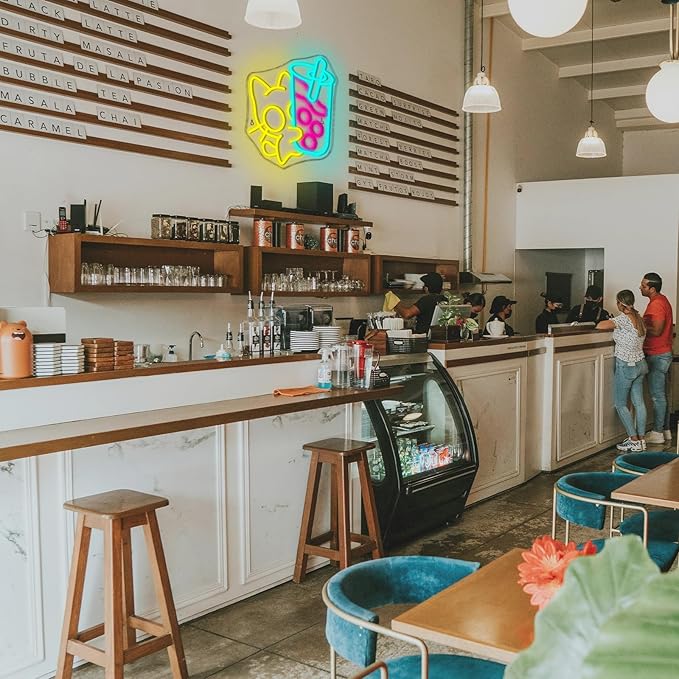 Looklight Cat Boba Tea Neon Sign Yellow Cute Kitty Bubble Tea Neon Signs for Wall Decor LED Neon Light Bar Sign Light Up Signs for Dimsum Store Bar Milk Tea Shop