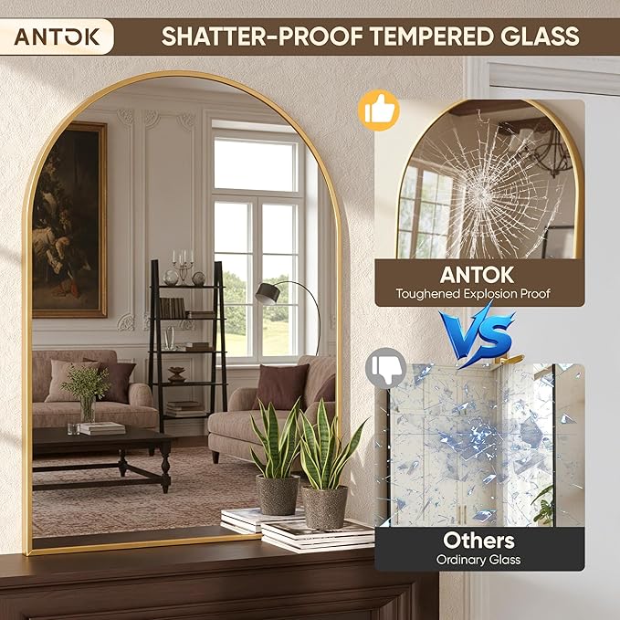 Antok Wall Mirror, 20"x30" Bathroom Vanity Mirror, Anti-Rust HD Tempered Glass, Wall Mounted Mirrors for Living Room, Entryway, Gold Frame, Arched