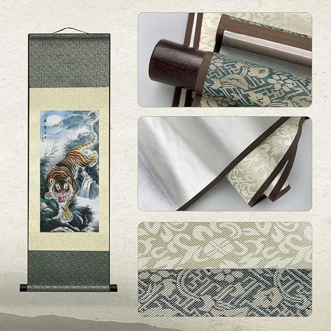 AtfArt Asian Wall Decor Beautiful Silk Scroll Painting Animal - Tiger King Deterrence - Angry Tiger Oriental Decor Chinese Art Wall Hanging Painting Scroll (36.2 x 12 in)