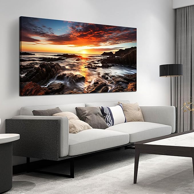 Large Natural Landscape Canvas Wall Art for Living Room, View of Ocean Sunset Panorama Wall-Decor Picture, Coastal Rock Shoreline Sky Canvas Art Piece Print Artwork for Office Bedroom 59x29 Inches
