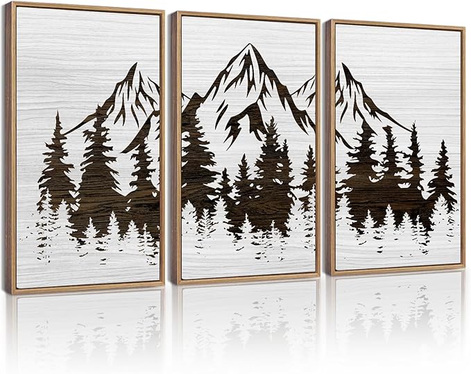 KUVIOKE Mountains Tree Framed Wall Art Boho White Forest Nature Landscape Artwork Painting Morden Country Woodcut Wood Wall Decor Rustic Home Decor for Bedroom Farmhouse 12x16in (Natural Framed)