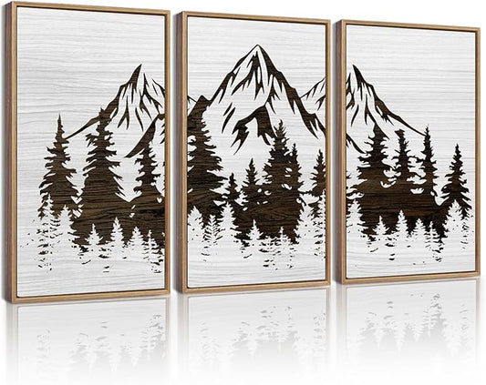 KUVIOKE Mountains Tree Framed Wall Art Boho White Forest Nature Landscape Artwork Painting Morden Country Woodcut Wood Wall Decor Rustic Home Decor for Bedroom Farmhouse 12x16in (Natural Framed)