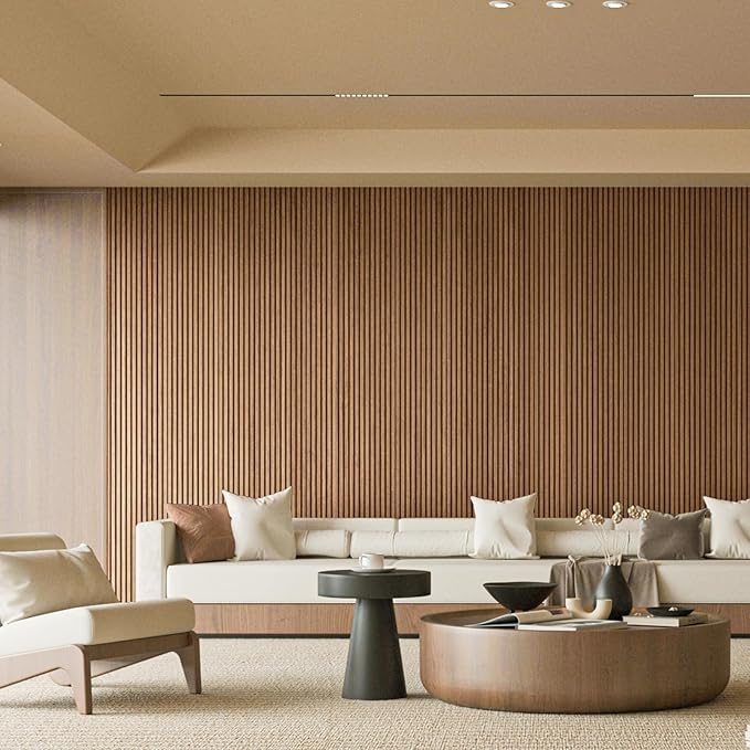 Art3d Slat Wood Wall Paneling for Interior and Ceiling Decoration - Pack of 4pcs + 1pc End-Trim, Size 108 x 5.7in.- Oak