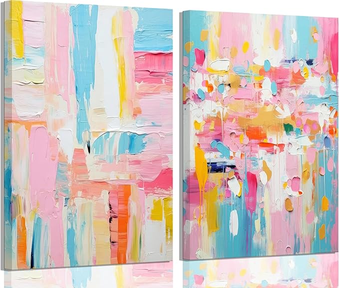 2Pcs Framed colorful abstract Wall Art College style girl art posters prints Modern Pastel texture Pictures Paintings Wall Decor for Girly Dorm Bedroom Living Room Decoration