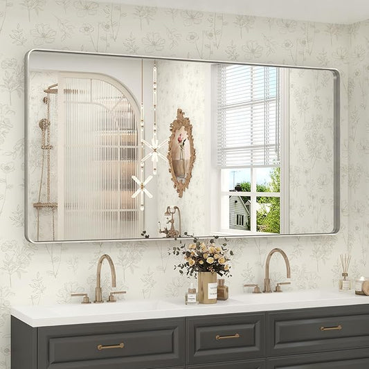 60x28 Matte Bathroom Mirror for Wall, Silver Brushed Framed Bathroom Vanity Mirror, Rectangle Bathroom Nickel Mirror, Rounded Corners, Tempered Glass(Horizontal/Vertical)