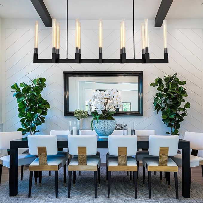 68-Inch 12-Light Black Modern Chandelier with Knurled Glass Tube Shades, Rectangular Luxury Ceiling Pendant Light Fixture for Dining Room, Living Room, or Foyer.