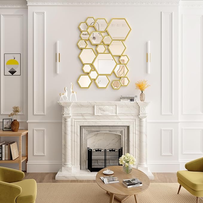 KOHORS Wall Decor Mirror Modern Hexagon Gold Wooden Framed Wall Mirror for Living Room,Bedroom,Entryways,Home Decor(W 31.4" x H 23.6" Honey Comb)