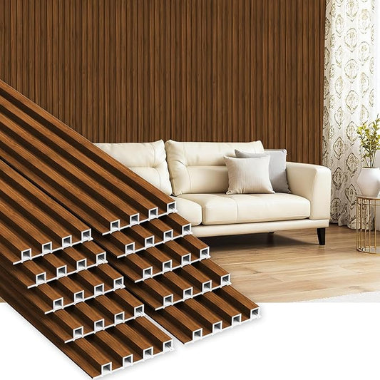 10Pack WPC Wall Panels, 96 x 6.4 x 0.8Inches Slat 3D Fluted Panels, Wall Decor for TV Background, Living Room (Teak)