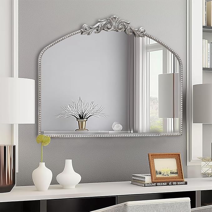 Antique Silver Arch Wall Mirror, 40"x31" Vintage Mantel Mirror with Ornate Metal Frame, Baroque Victorian Mirror for Fireplace/Entryway/Bathroom/Living Room/Hallway