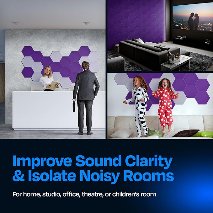 Acoustic Panels 12-Pack Soundproof Wall Panels 14"X12.1"X0.4" Sound Panels High Density Sound Dampening Panels - [Midnight Purple Hexagon]