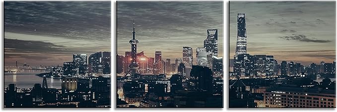 NAN Wind 3Pcs Modern Shanghai Skyline Canvas Wall Art Dusk City Panorama Print Oriental Pearl Tower Night Scene Artwork Living Room Office Decor Black Grey Gold Urban Photography Print on Canvas Decor