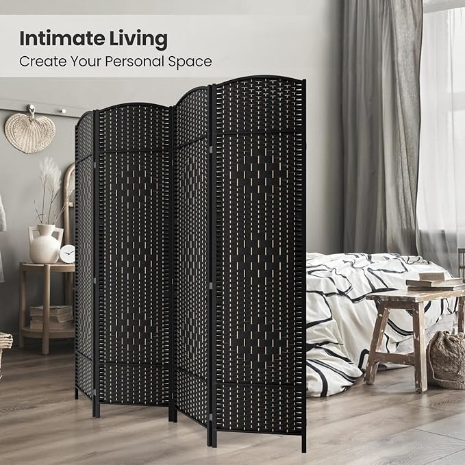 4 Panel Room Divider,6Ft Folding Privacy Screen,Tall - Extra Wide Foldable Panel Partition Wall Divider with Diamond Double-Weaved Hand-Woven Design Room Screen Divider