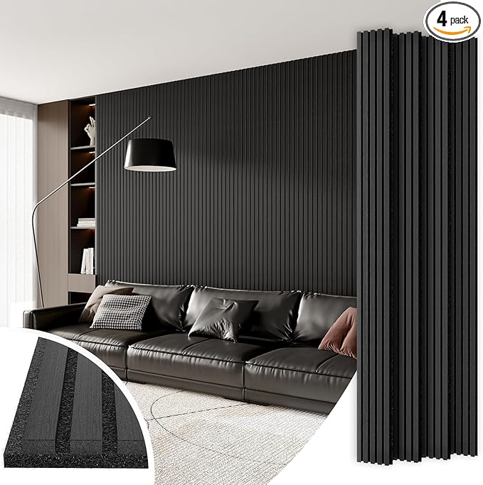 4 Panel Wood Slat Acoustic Panel 94" x8" for Sound Absorbing, Soundproof Wood Slat Panel Cover 21 Sq.Ft, 3D Fluted Sound Absorbing Paneling for Wall Decor, Living Room, Bedroom, Black Wood