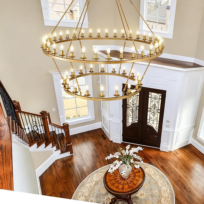 60" 2-Tier Wagon Wheel Chandelier, 54-Light Farmhouse Large Gold Chandelier Round Modern Rustic Industrial Adjustable Height for High Ceiling Living Room, Entryways, Foyer, Dining Room