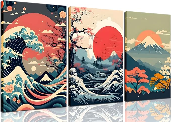 3Pcs Japanese Wall Art Japanese Fuji Wall Decor Asian Nature Landscape Posters Pictures Kanagawa Giant Wave Canvas Prints Cherry Blossom Lake Painting for Living Room Bedroom Office Framed