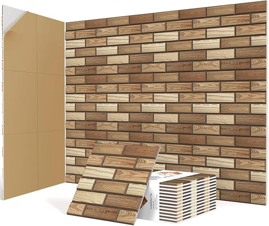 12Pack Acoustic Panels, Self-Adhesive 3D Brick Pattern Sound Proof Panels for Walls, Decorative Sound Dampening Wall Panels for Recording Studios, Offices, Home, 12"×12"×0.4", Faux Wood Grain Print