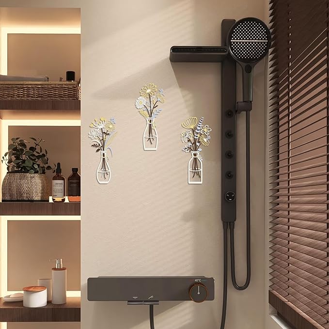 3 Pieces Metal Flowers Wall Art Decor, House Minimalist Bathroom Wall Decors Sculptures for Living Room Dining Room Bedroom Housewarming Gifts