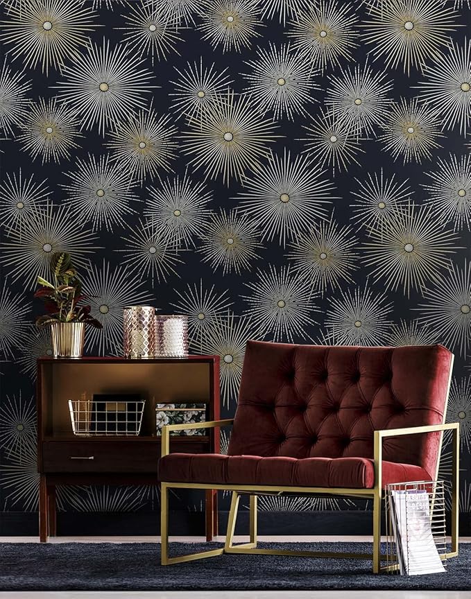 NextWall Star Burst Geo Mid Century Peel and Stick Wallpaper (Midnight Blue & Metallic Gold)