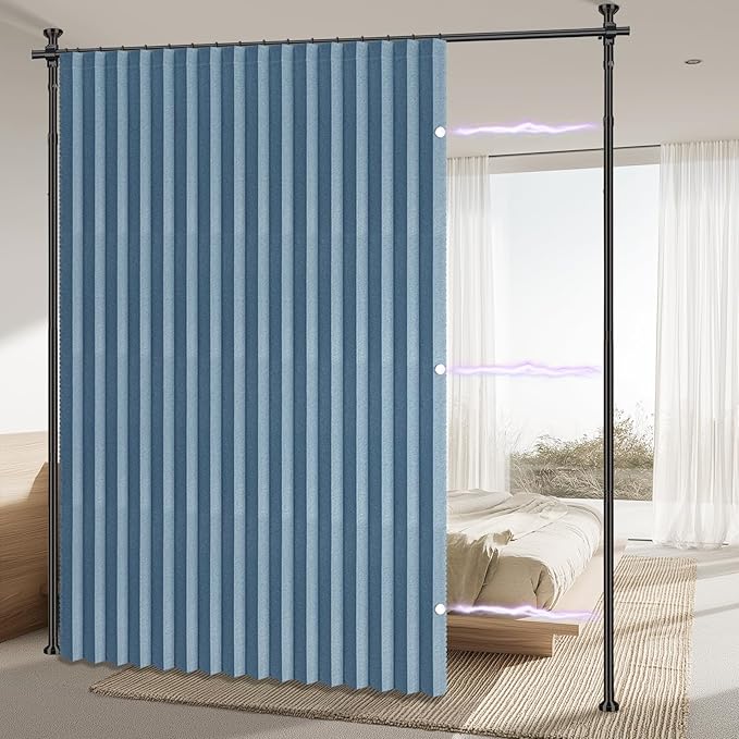 AJAZZ Room Divider Curtain (Blue, W100 x L84 in, 1 Panel)+ Tension Curtain Rod No Drilling (H) 43-120×(W) 35-100 in, for Privacy/Soundproof Curtains, Heavy Duty Wall Separator