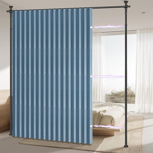 AJAZZ Room Divider Curtain (Blue, W100 x L84 in, 1 Panel)+ Tension Curtain Rod No Drilling (H) 43-120×(W) 35-100 in, for Privacy/Soundproof Curtains, Heavy Duty Wall Separator