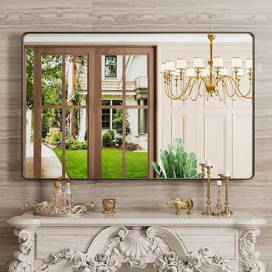 48X30 Inch Black Bathroom Mirror, Black Metal Framed Mirror for Wall, Rounded Rectangle Matte Bathroom Vanity Mirror with Tempered Glass, Anti-Rust, Horizontal/Vertical