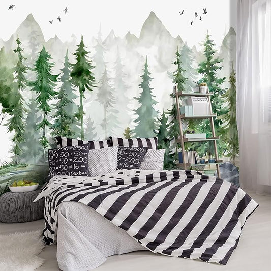 -Green Cartoon Pine Forest Nursery Fabric Wallpaper for Boys and Girls Children's Bedroom Living Room Woodland Plants Large Wall Mural- 151"x102"（ not Peel and Stick）