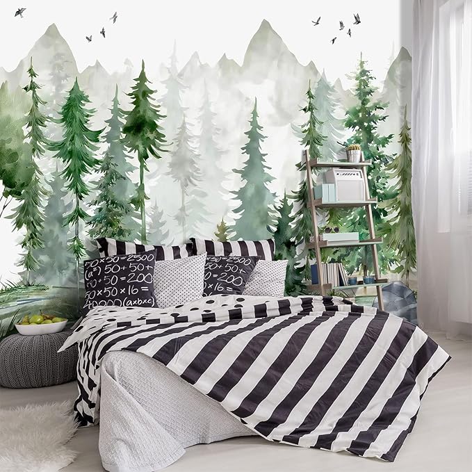 -Green Cartoon Pine Forest Nursery Fabric Wallpaper for Boys and Girls Children's Bedroom Living Room Woodland Plants Large Wall Mural- 160"x108"（ not Peel and Stick）