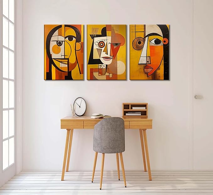 3 Pcs Modern Abstract Portrait Canvas Wall Art Vintage Neutral Geometry Orange Contemporary Aesthetics Painting Picture Wall Decor Poster Print Artwork for Bedroom Living Room Office Bathroom