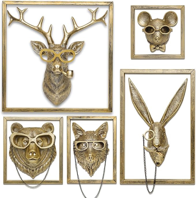 Newinhome 5 Pack Animal Heads Wall Decoration (Gift Metal Frame) Resin Animals Sculptures Head Wall Hanging Decor Gold vintage Wall Sculpture for Living Room Bedroom Office