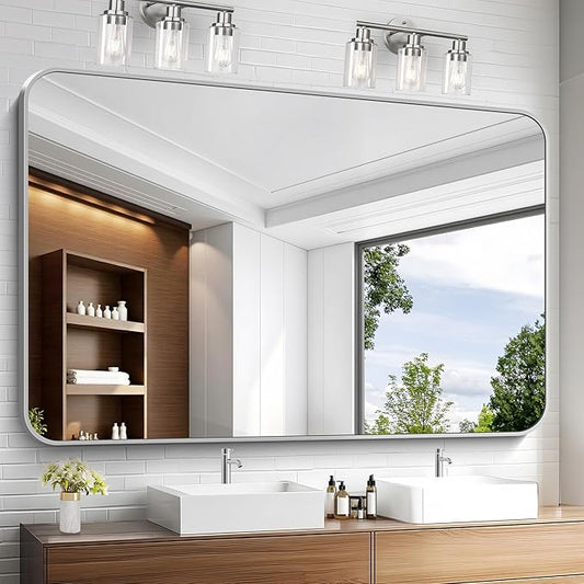 KOCUUY Silver Bathroom Mirror, 60x40 Inch Large Bathroom Mirror for Over Sink, HD Tempered Glass, Anti-Rust Brushed Silver Frame, Rounded Corner Modern Design for Bathroom, Hang Horizontal/Vertical
