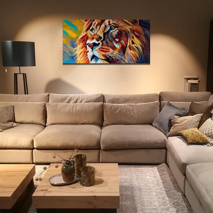 AmoyArt Lion Canvas Wall Art for Living Room, Animal Wall-Decor for Bedroom, Colorful Print Picture for Home, Size 48x24 Inches