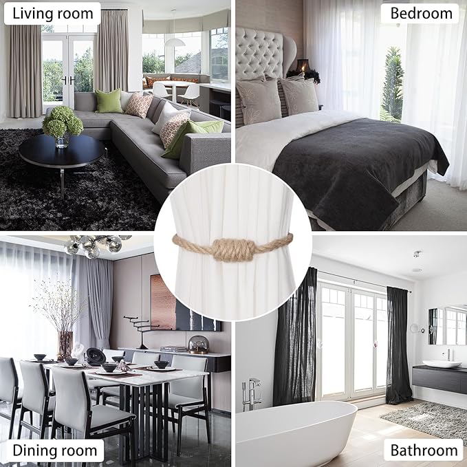 BEL AVENIR Magnetic Jute Curtain Tiebacks, Decorative Drapery Holdbacks Bohemian Style Woven Tie-Backs with Exquisite Knot (Jute, 4 Pack)