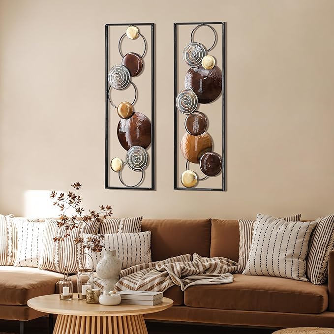 LuxenHome Metal Wall Art, 2 Pieces Abstract Wall Décor Brown Metal Wall Decor, 36" x 12" Minimalist Wall Sculptures Decor for Home, Living Room, Bedroom, Dining Room