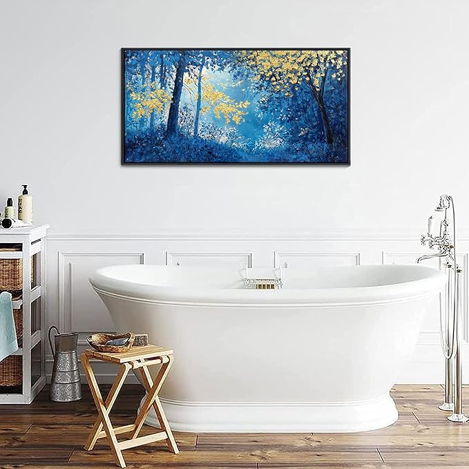 Blue and Gold Canvas Wall Art - Forest Bedroom Wall Art - Tree Wall Pictures for Living Room, Office, or Bedroom - Nature Landscape Canvas Decor Framed Painting 20×40IN