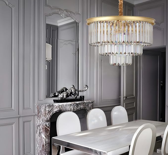 Modern Gold Crystal Chandelier,3-Tier Round Pendant Ceiling Fixture with Height Adjustable Luxury Hanging Chandelier for Dining Room,Living Room,Entryway,Bedroom,Kitchen,and Foyer (Gold Crystal-3)