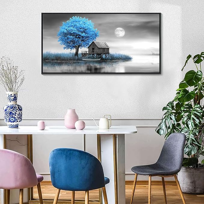JEAWA Framed Canvas Wall Art Decor - Blue Gray Wall Art for Bedroom Living Room Home Office, Winter Landscape Wall Art Canvas Paintings, Moon Pictures Wall Decor, Tree Art Wall Decor, 24x48 IN