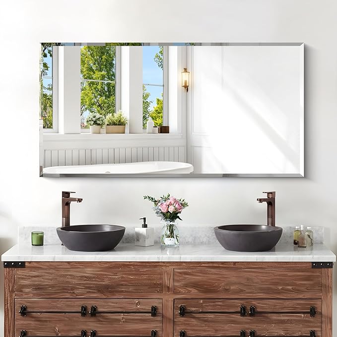 KOCUUY Beveled Mirror, 24x48 Inch Frameless Bathroom Mirror for Over Sink, Upgraded Shatterproof Beveled Unframed Design Mirror for Bathroom, Bedroom, Hang Horizontal/Vertical