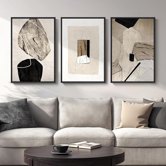 Large Framed Neutral Abstract Wall Art, 3 Piece Modern Canvas Prints Paintings Artwork for Walls, Minimalist Black Beige Pictures for Living Room Hallway Dining Room Bedroom Wall Decor -Total 30x60 In