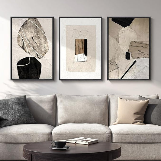 Large Framed Neutral Abstract Wall Art, 3 Piece Modern Canvas Prints Paintings Artwork for Walls, Minimalist Black Beige Pictures for Living Room Hallway Dining Room Bedroom Wall Decor -Total 30x60 In