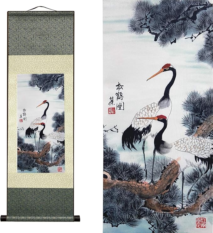 AtfArt Asian Wall Silk Scrolls Decor Beautiful Painting White Crane - Red Crowned Crane - Grus Japonensis Oriental Decor Chinese Art Wall Scroll Wall Hanging Painting Scroll (36.2x 12 in)