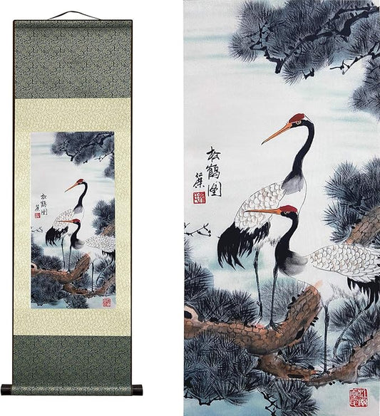 AtfArt Asian Wall Silk Scrolls Decor Beautiful Painting White Crane - Red Crowned Crane - Grus Japonensis Oriental Decor Chinese Art Wall Scroll Wall Hanging Painting Scroll (36.2x 12 in)