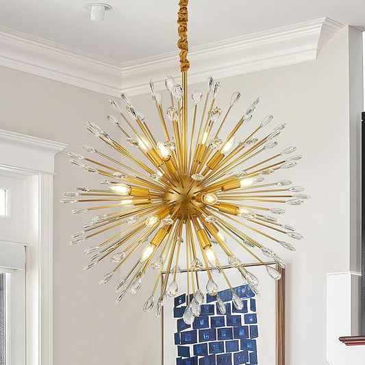 16-Light Gold Sputnik Chandeliers, 31" Starburst Firework Pendant Light fixtures, Mid-Century Modern Satellite Ceiling Lights for Dining Room, Kitchen, Bedroom, Living Room, E12